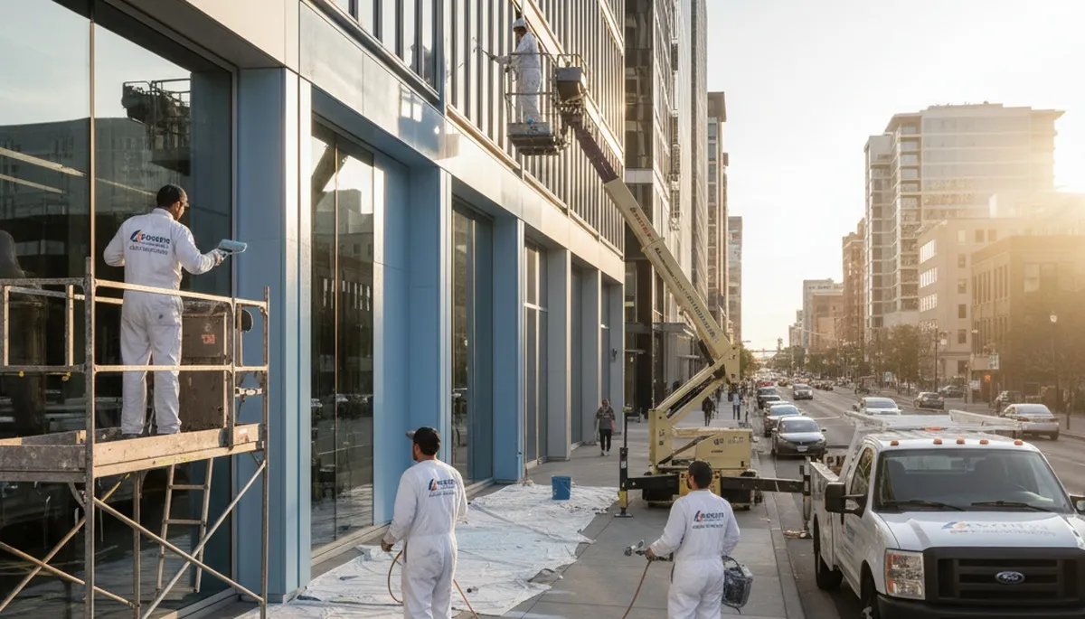 Professional commercial painters coating office exterior in Allentown, PA