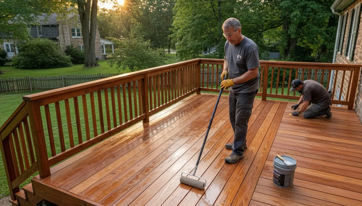Professional deck staining in Allentown, PA enhancing wood color and protecting outdoor surfaces from moisture