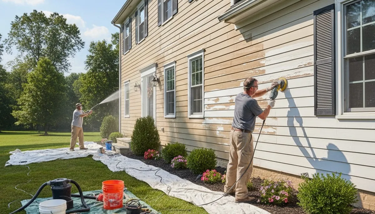 Professional surface preparation for exterior house painting in Allentown, PA ensuring smooth, lasting finish